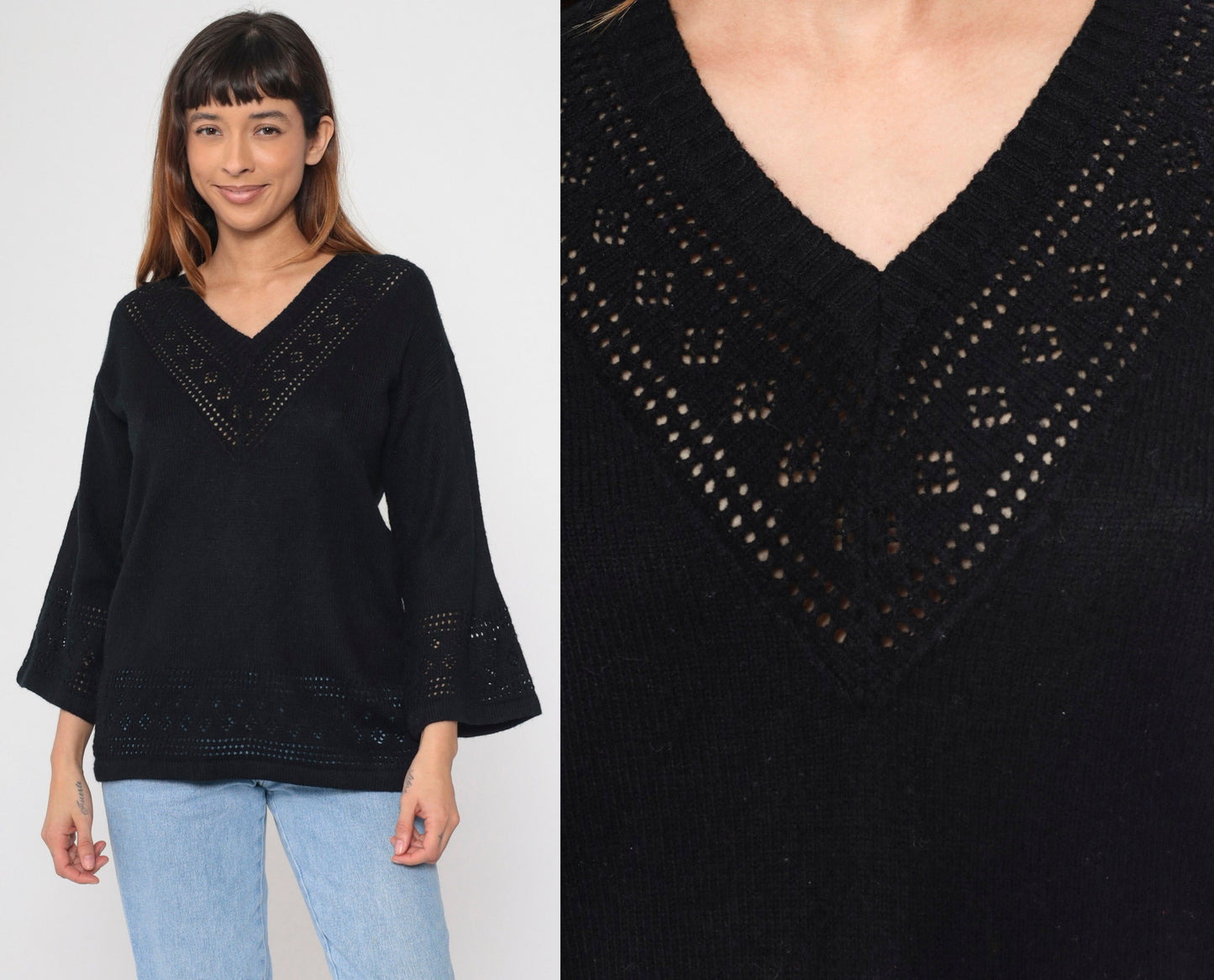 80s Black Cutwork Sweater Bell Sleeve V Neck Knit Pullover Large L