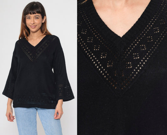 80s Black Cutwork Sweater Bell Sleeve V Neck Knit Pullover Large L