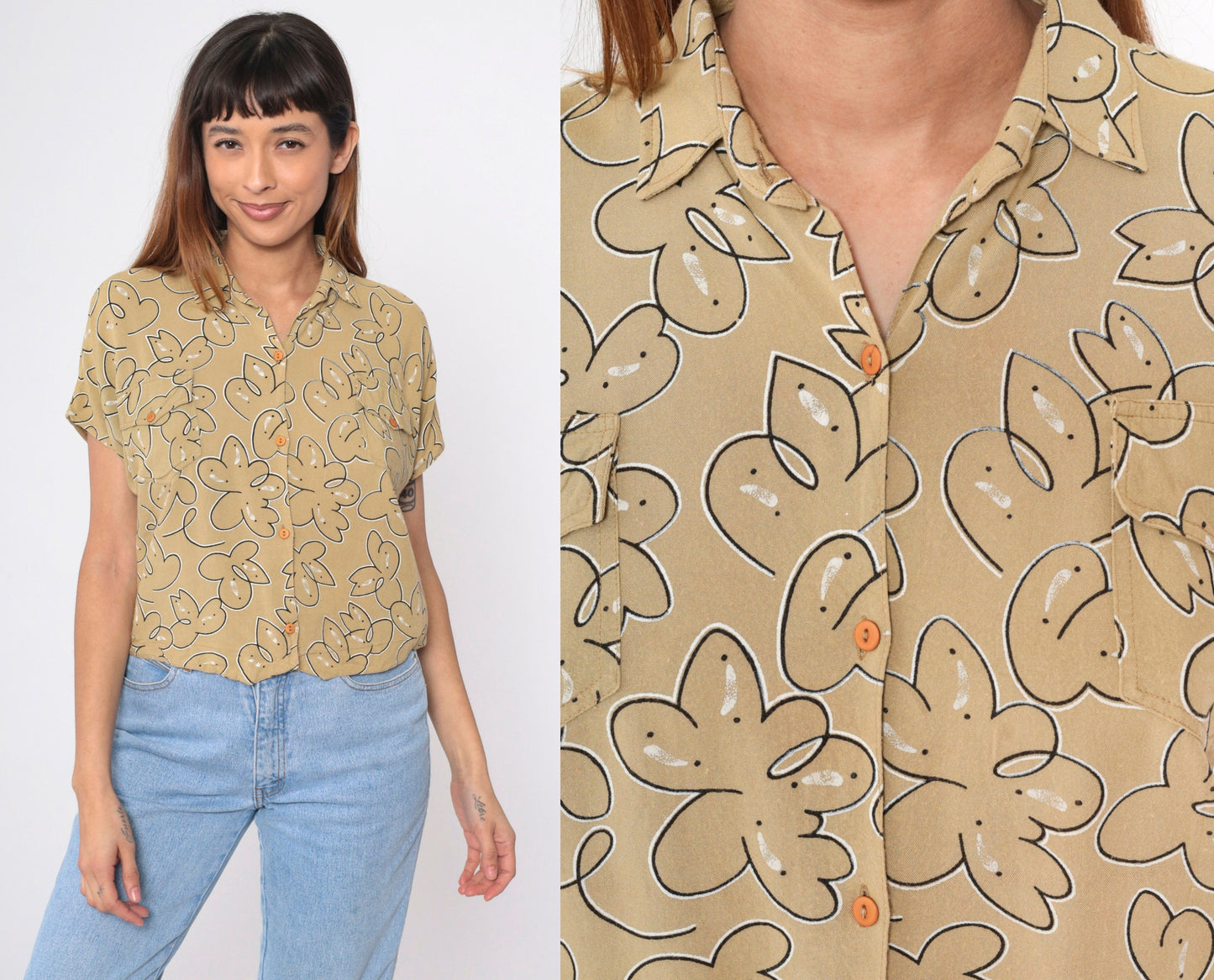 90s Abstract Floral Button-Up Blouse Mustard Short Sleeve Medium