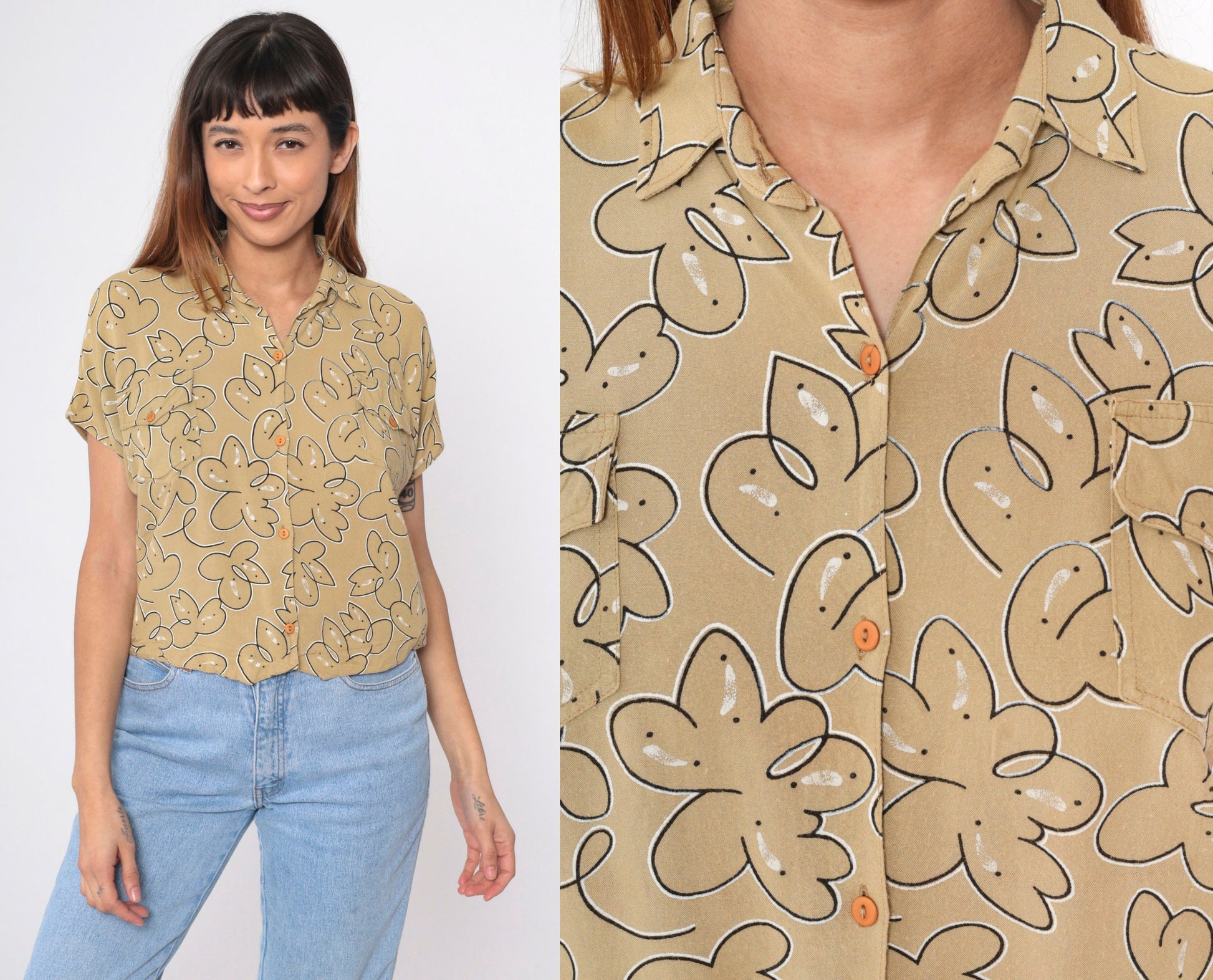 90s Abstract Floral Button-Up Blouse Mustard Short Sleeve Medium