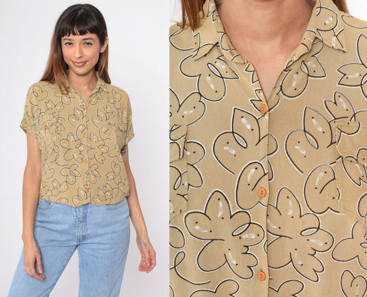90s Abstract Floral Button-Up Blouse Mustard Short Sleeve Medium