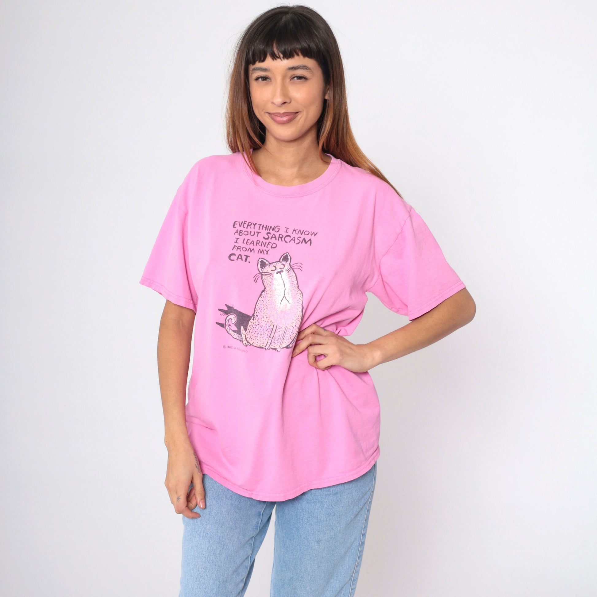 00s Cat Graphic T-Shirt Sarcasm Joke Pink Cotton Tee Large