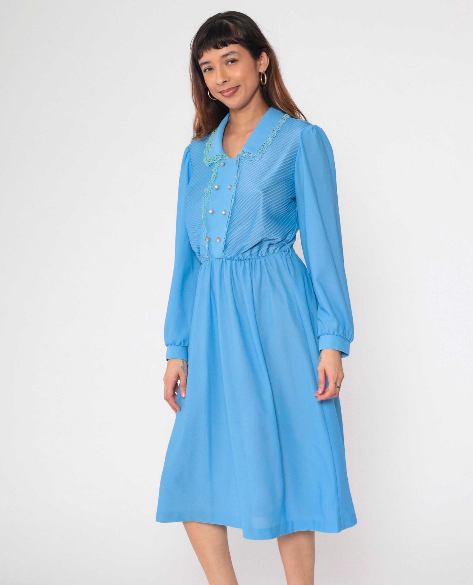 70s Blue Midi Shirtdress Pintuck Lace Trim Puff Sleeve High Waist Medium