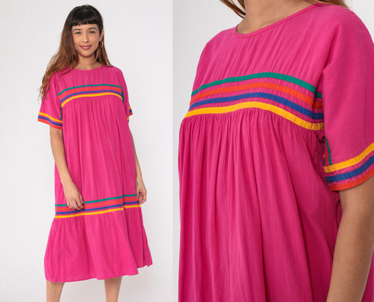 90s Hot Pink Rainbow Striped Cotton Tent Dress Dolman Sleeve Midi Medium