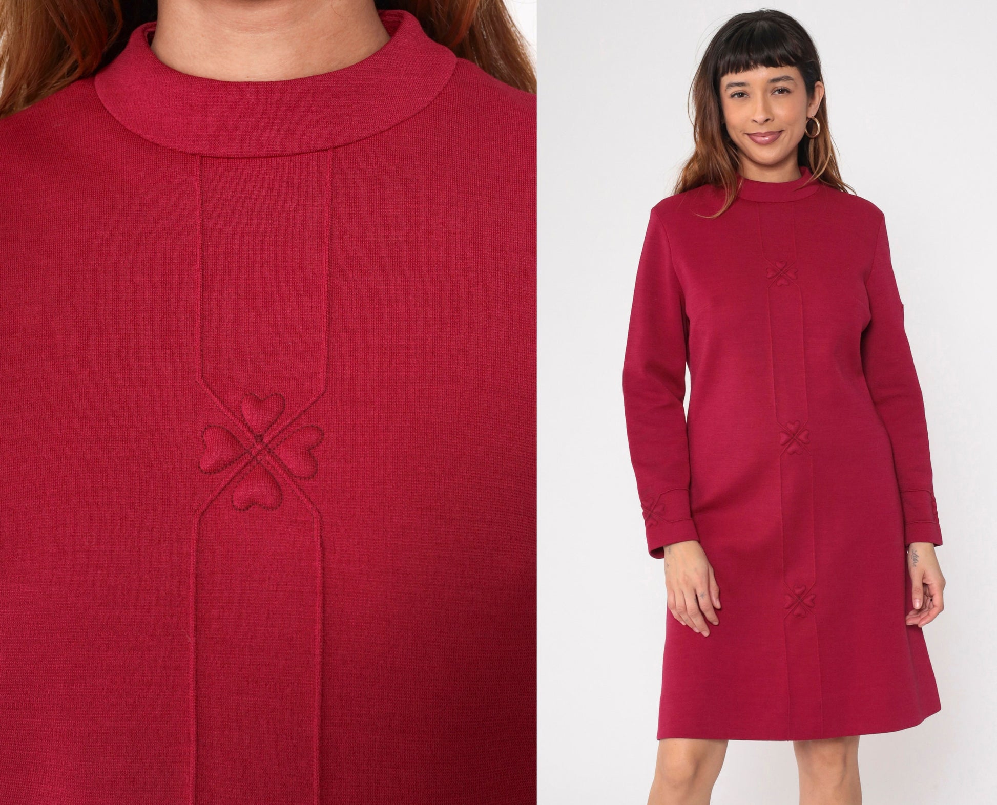 70s Burgundy Heart Wool Blend Shift Dress Long Sleeve Mini Medium