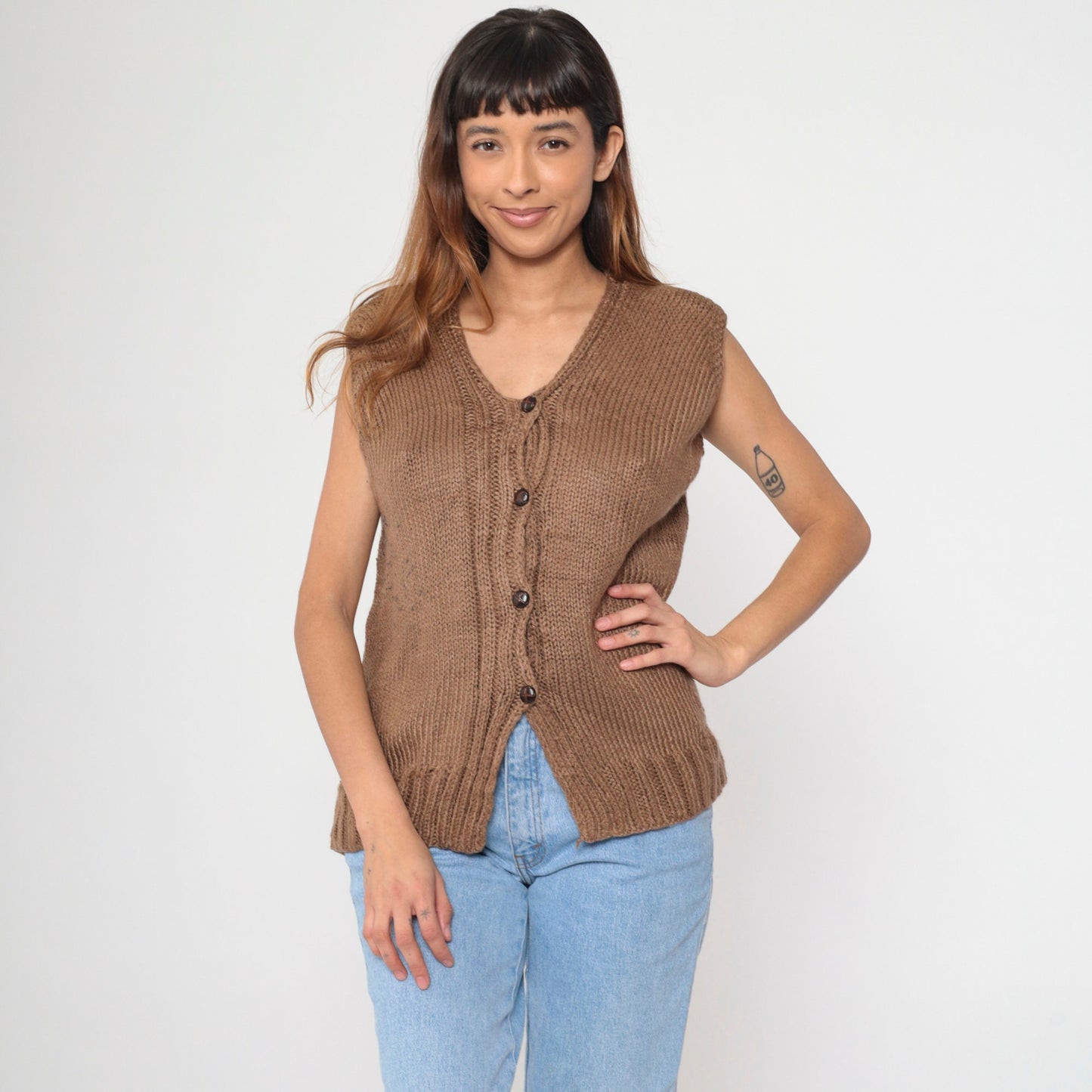 80s Brown Knit Button-Up Vest Medium M
