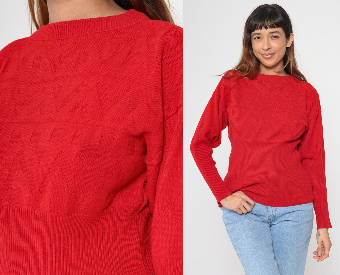 80s Red Textured Knit Sweater Zig Zag Geometric Ribbed Waist Small Medium