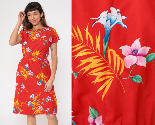 80s Hilo Hatties Tropical Floral Midi Dress Red High Waist Short Sleeve Small Medium