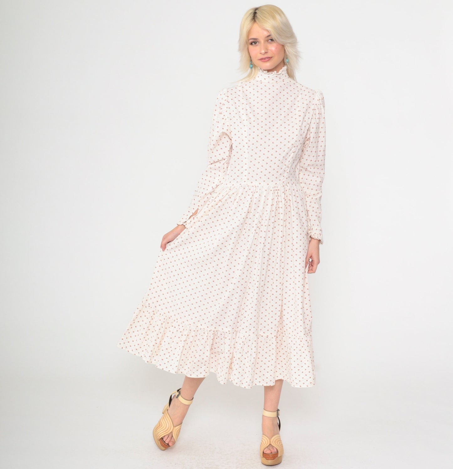 70s White Calico Floral Midi Dress Puff Sleeve High Neck Ruffled Small