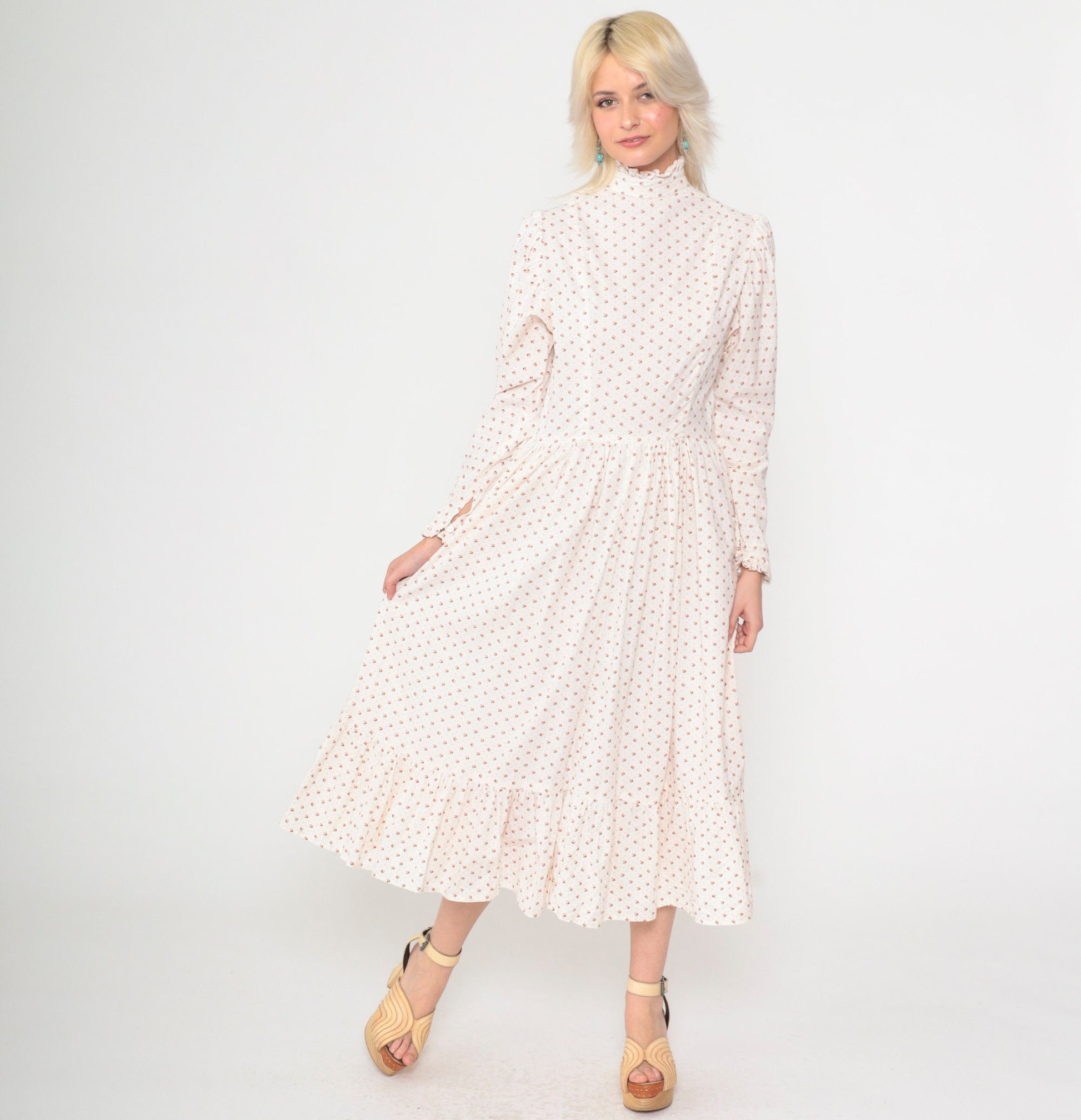 70s White Calico Floral Midi Dress Puff Sleeve High Neck Ruffled Small