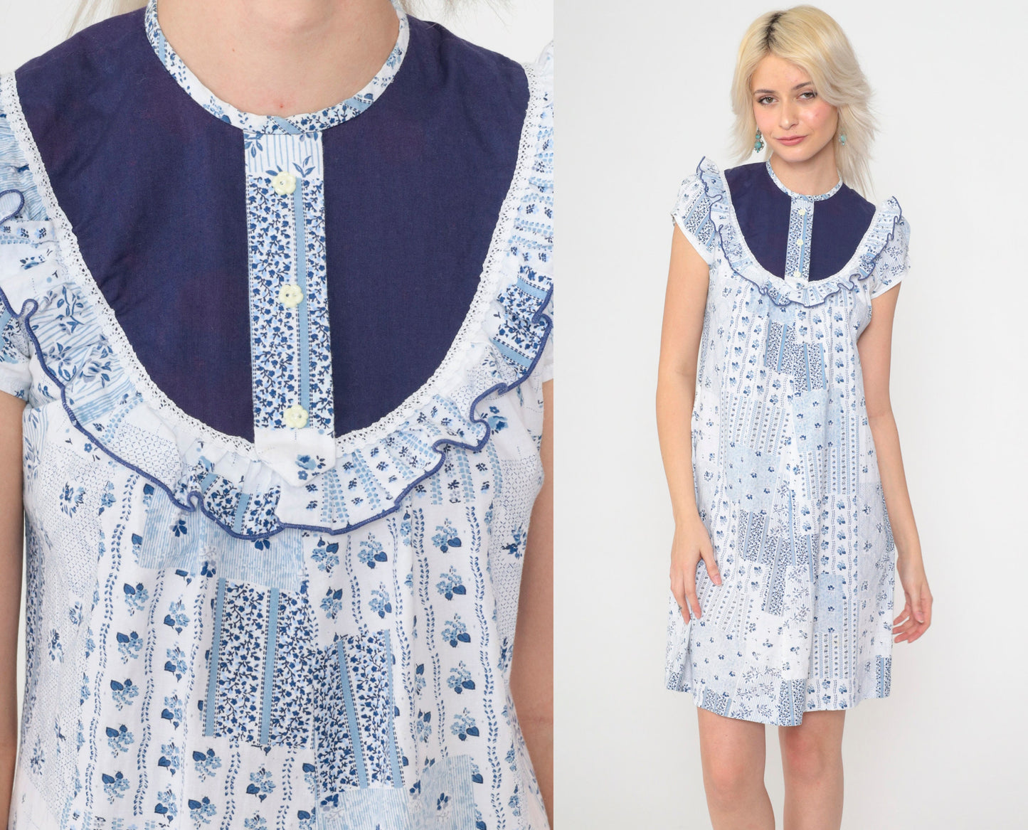 70s Liberty House Floral Patchwork Mini Dress Blue White Puff Sleeve 2XS