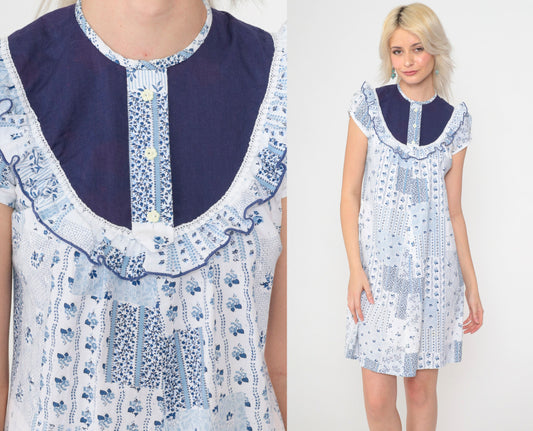 70s Liberty House Floral Patchwork Mini Dress Blue White Puff Sleeve 2XS