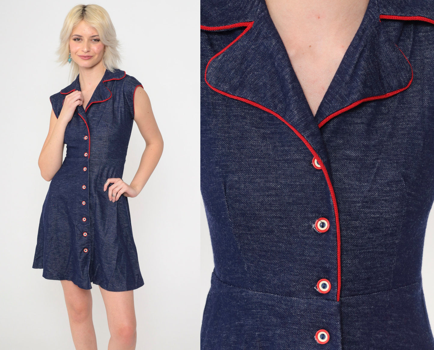 70s Dark Blue Mini Dress Cap Sleeve High Waist Button Up Flared Shirtdress Extra Small