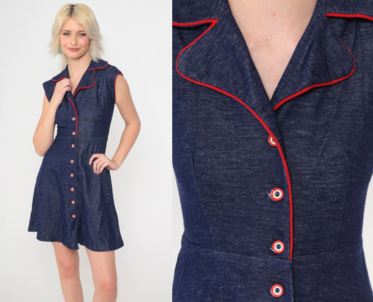 70s Dark Blue Mini Dress Cap Sleeve High Waist Button Up Flared Shirtdress Extra Small