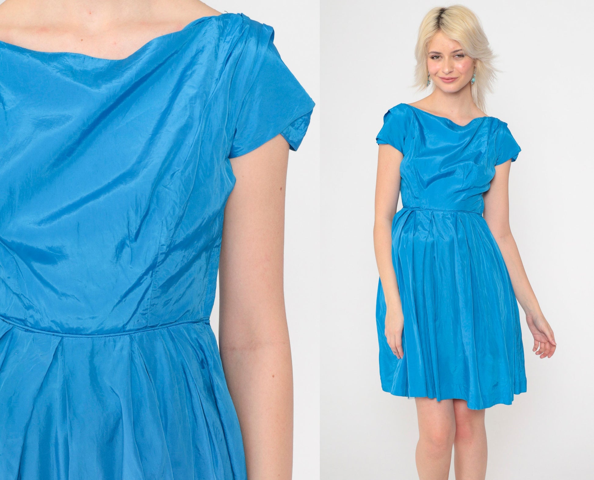 1950s Lorrie Deb San Francisco Blue Bow Cocktail Dress Cap Sleeve Extra Small