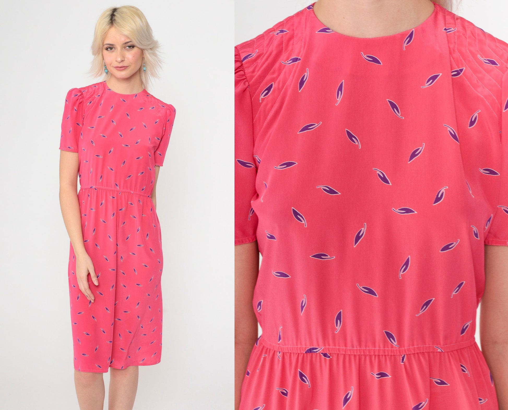 80s Leaf Print Midi Dress Bright Pink Puff Sleeve High Waist Button Back Extra Small