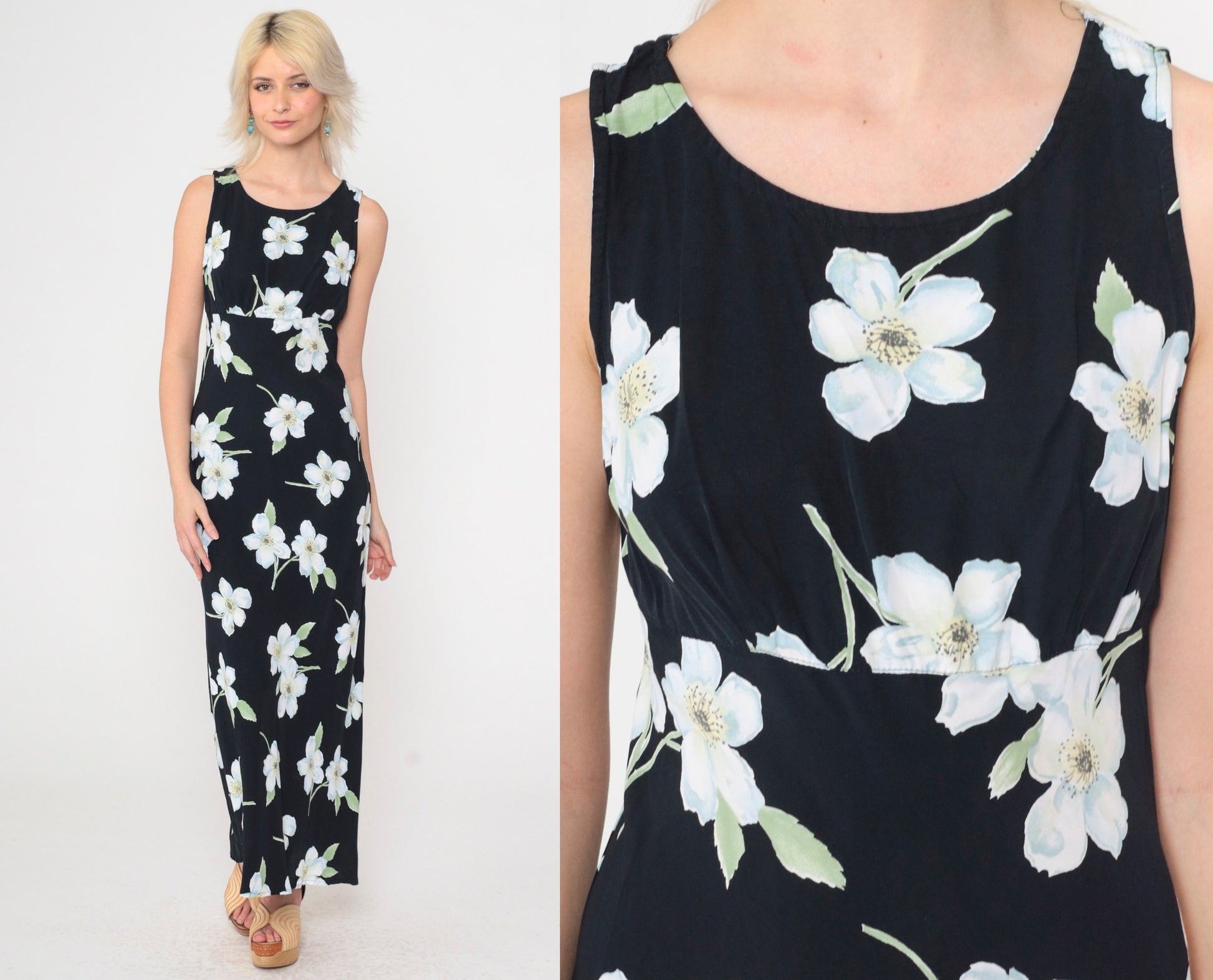 90s All That Jazz Black Floral Maxi Dress Empire Waist Scoop Neck Small
