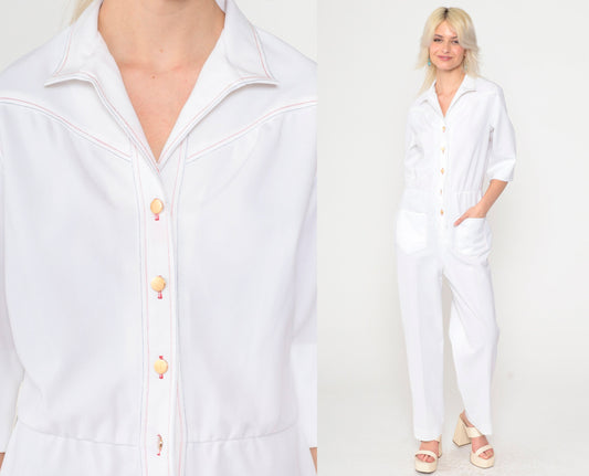 70s White Button-Up Jumpsuit High Waisted Straight Leg 3/4 Sleeve Small