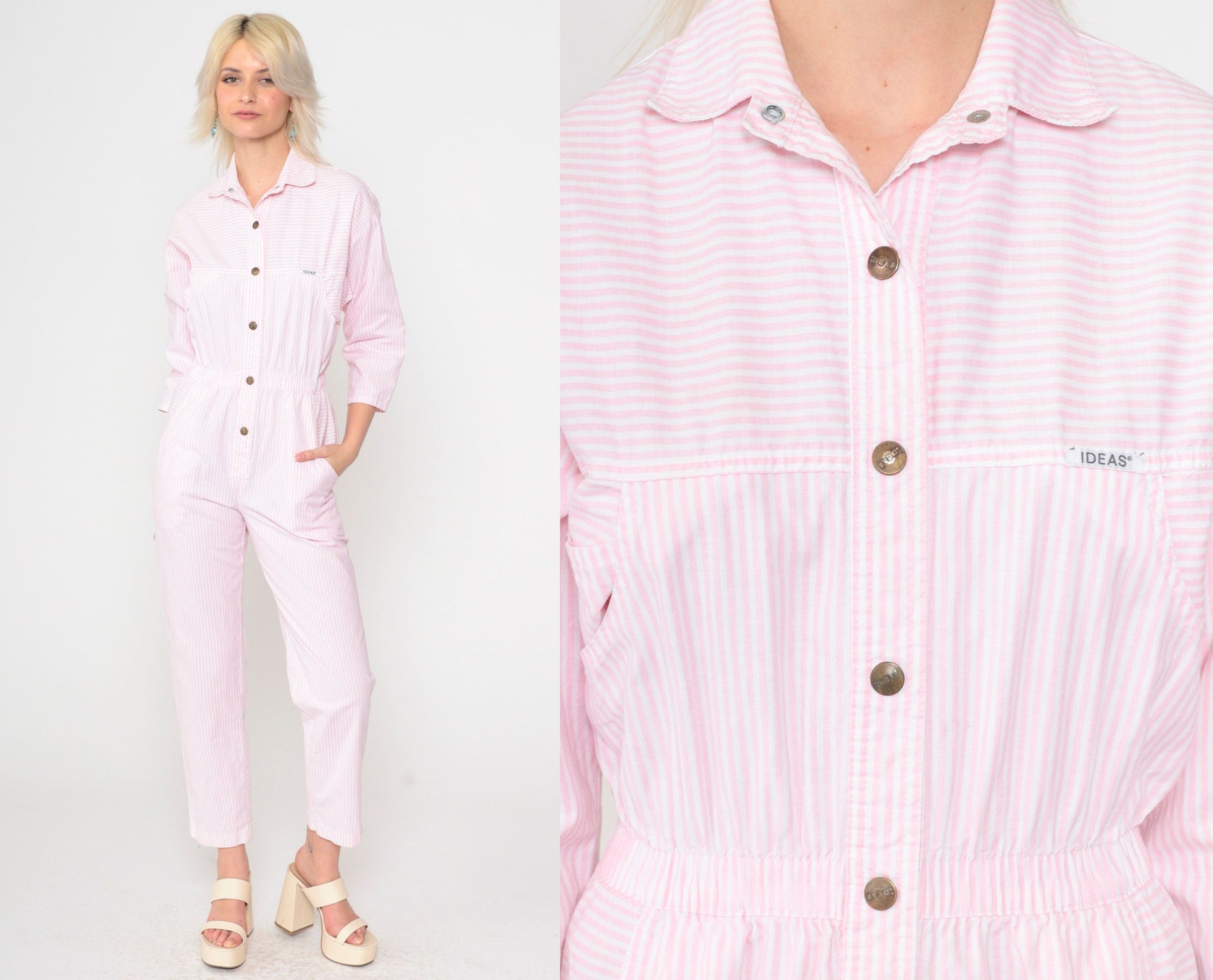 80s Ideas Pink White Striped Jumpsuit High Waisted Tapered Small