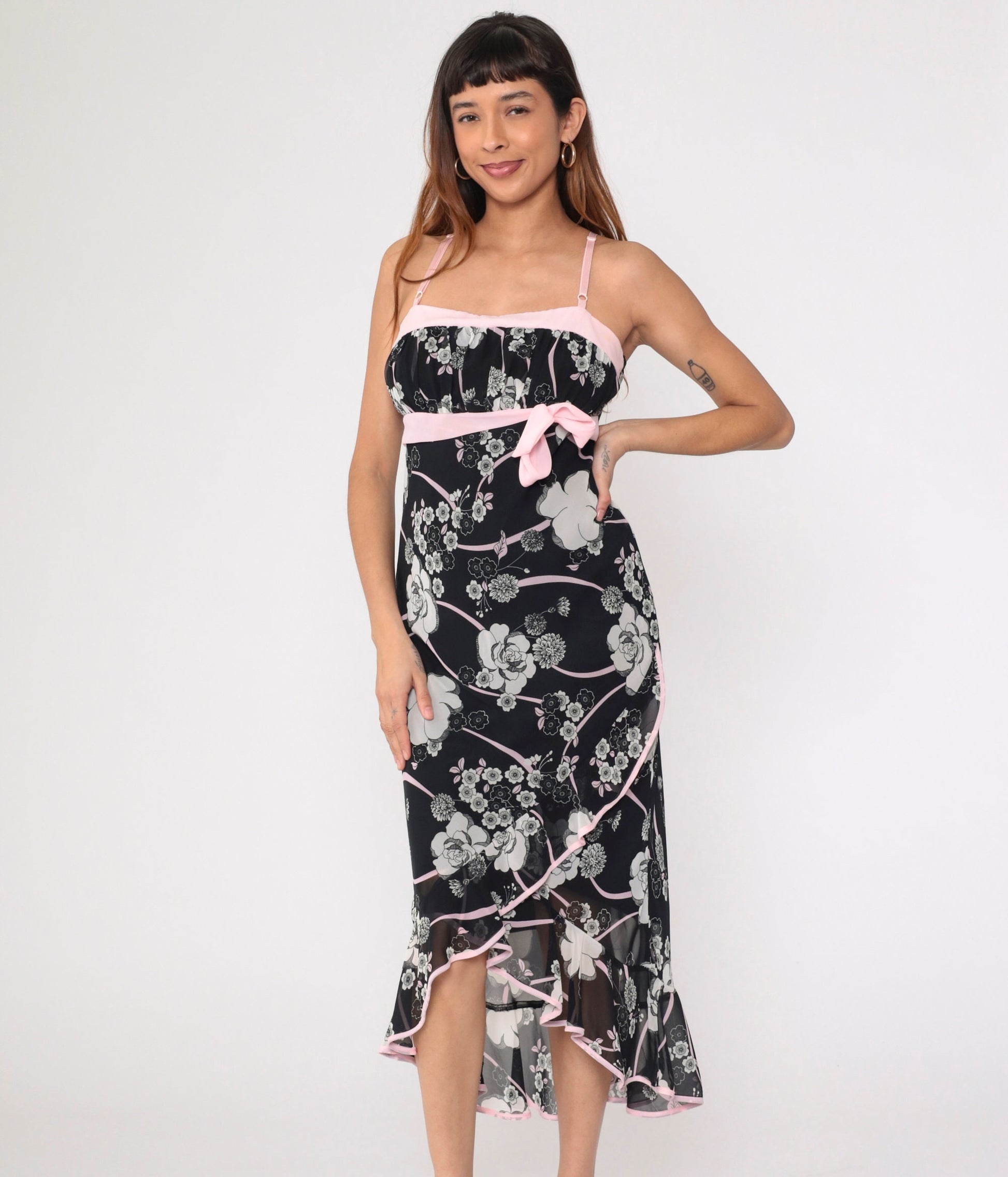 00s Black Floral Midi Sundress Baby Pink Bow Empire Waist Spaghetti Strap Medium