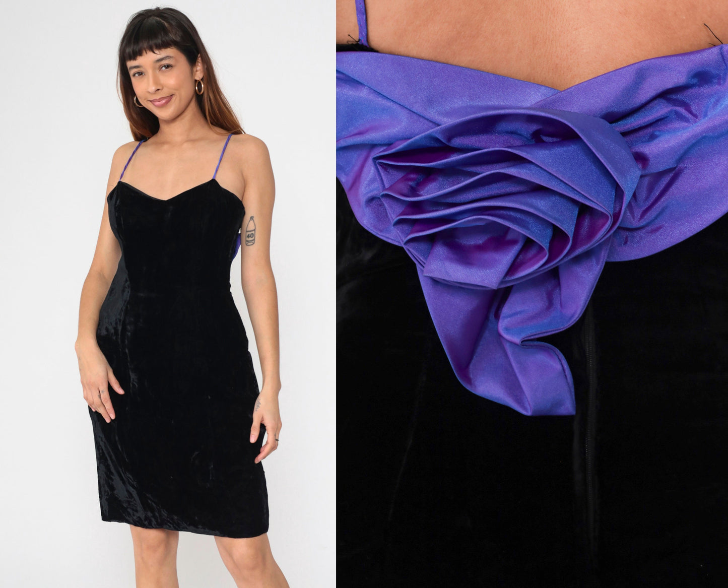 80s Black Velvet Mini Dress Purple Rosette Sweetheart Neckline Medium