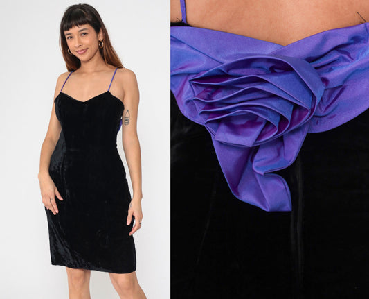 80s Black Velvet Mini Dress Purple Rosette Sweetheart Neckline Medium
