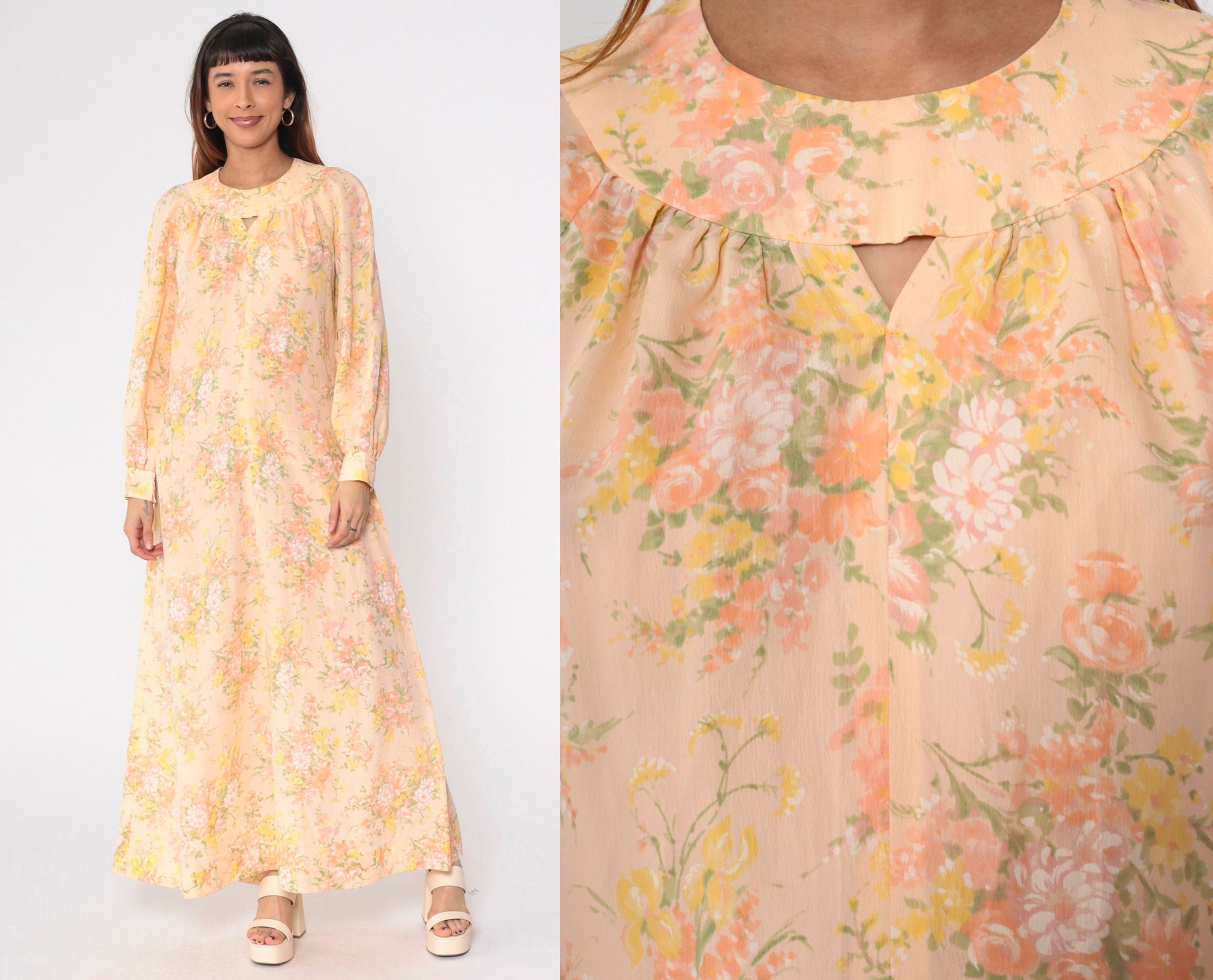 70s Peach Floral Maxi Dress Keyhole Neck Long Sleeve Medium