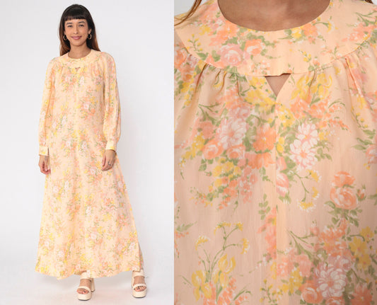 70s Peach Floral Maxi Dress Keyhole Neck Long Sleeve Medium