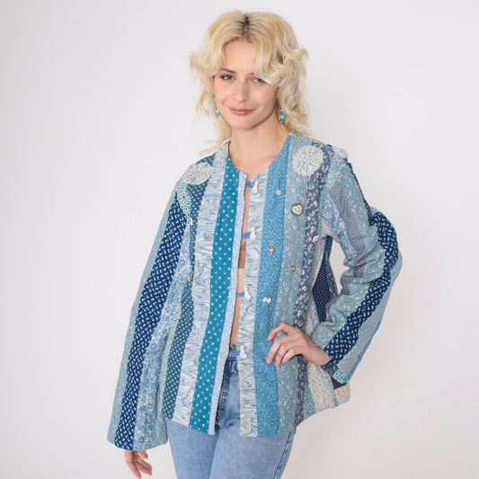 90s Patchwork Jacket Floral Quilt Blue Girl Cat Dog Button Charm Large L