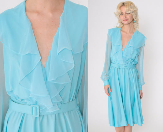 70s Blue Chiffon Midi Dress Ruffled V-Neck High Waist Sheer Sleeves Medium M
