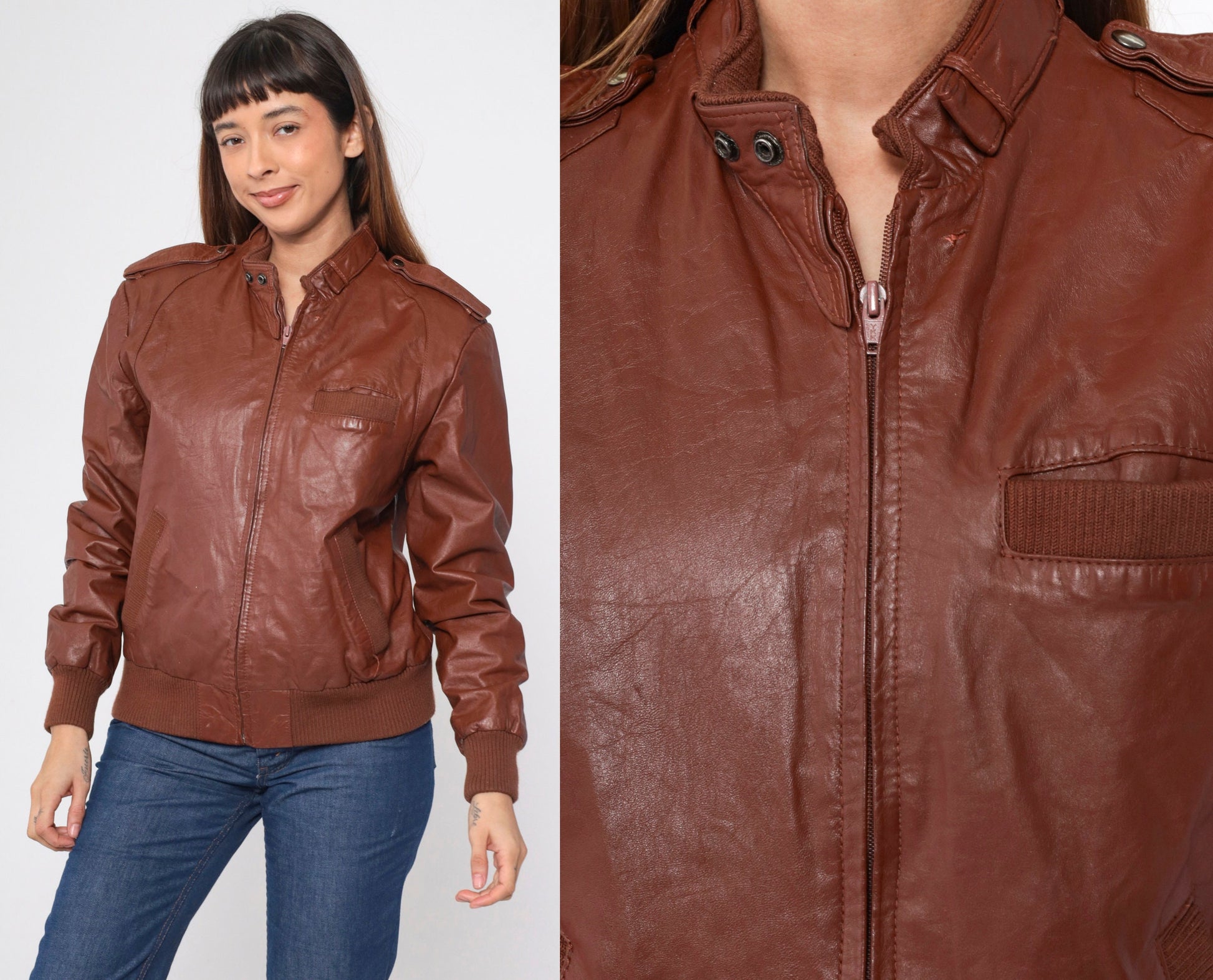 80s Brown Leather Bomber Jacket Moto Zip Shoulder Epaulette Men's Medium