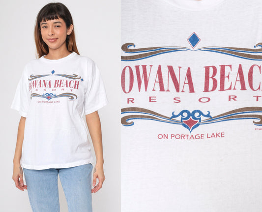 90s Iowana Beach Resort Portage Lake Minnesota Graphic T-Shirt White Cotton Large