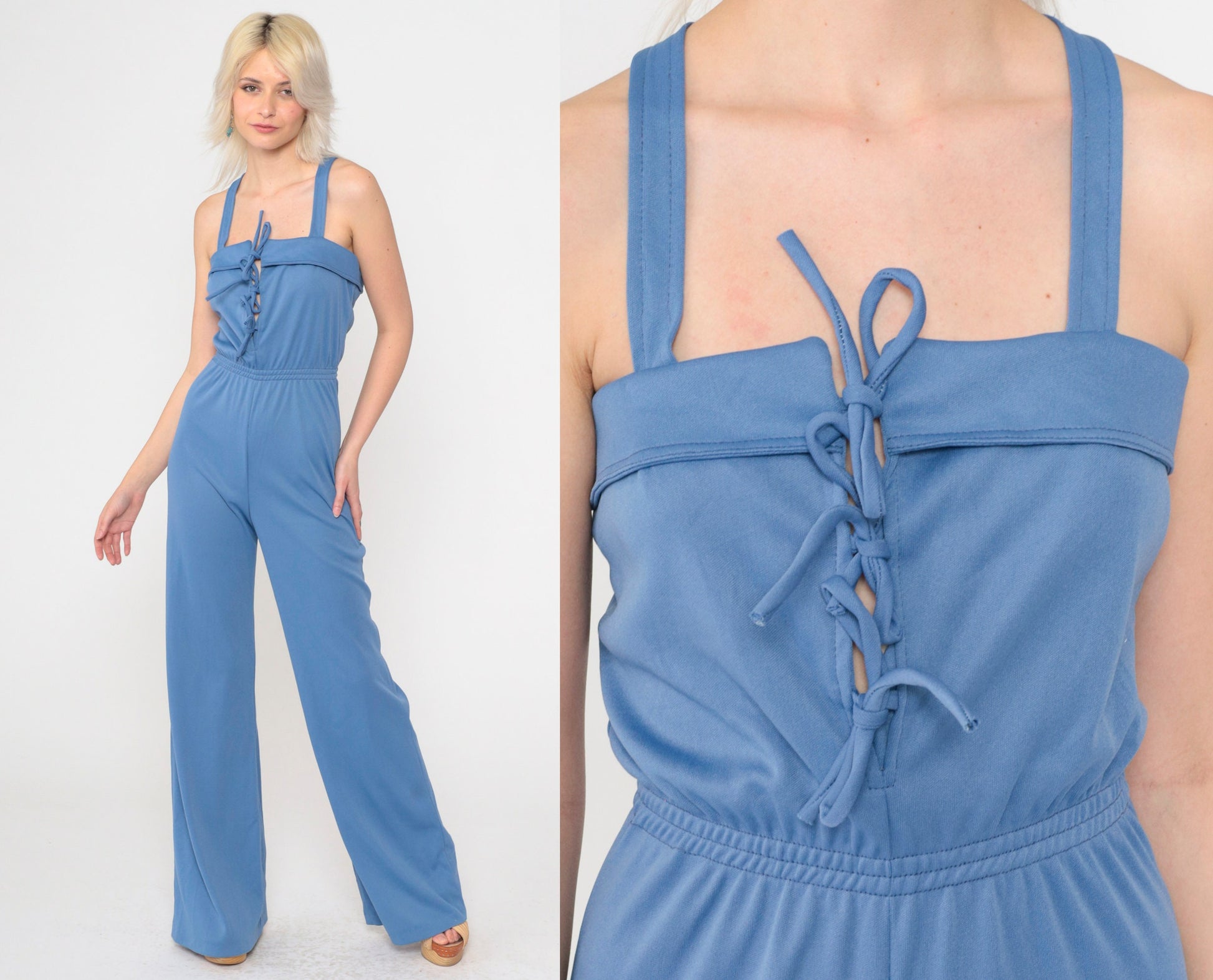 70s Blue Lace-Up Jumpsuit Bell Bottom Tank Straps Criss-Cross Extra Small