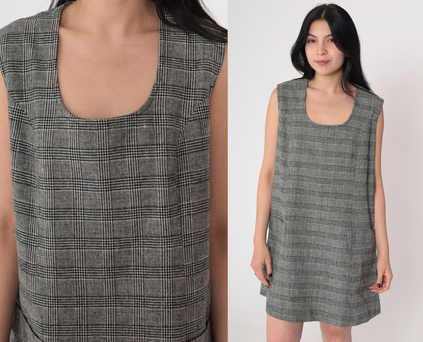 60s Plaid Mini Jumper Dress Mod Sleeveless Scoop Neck Grey Black Tartan Large L