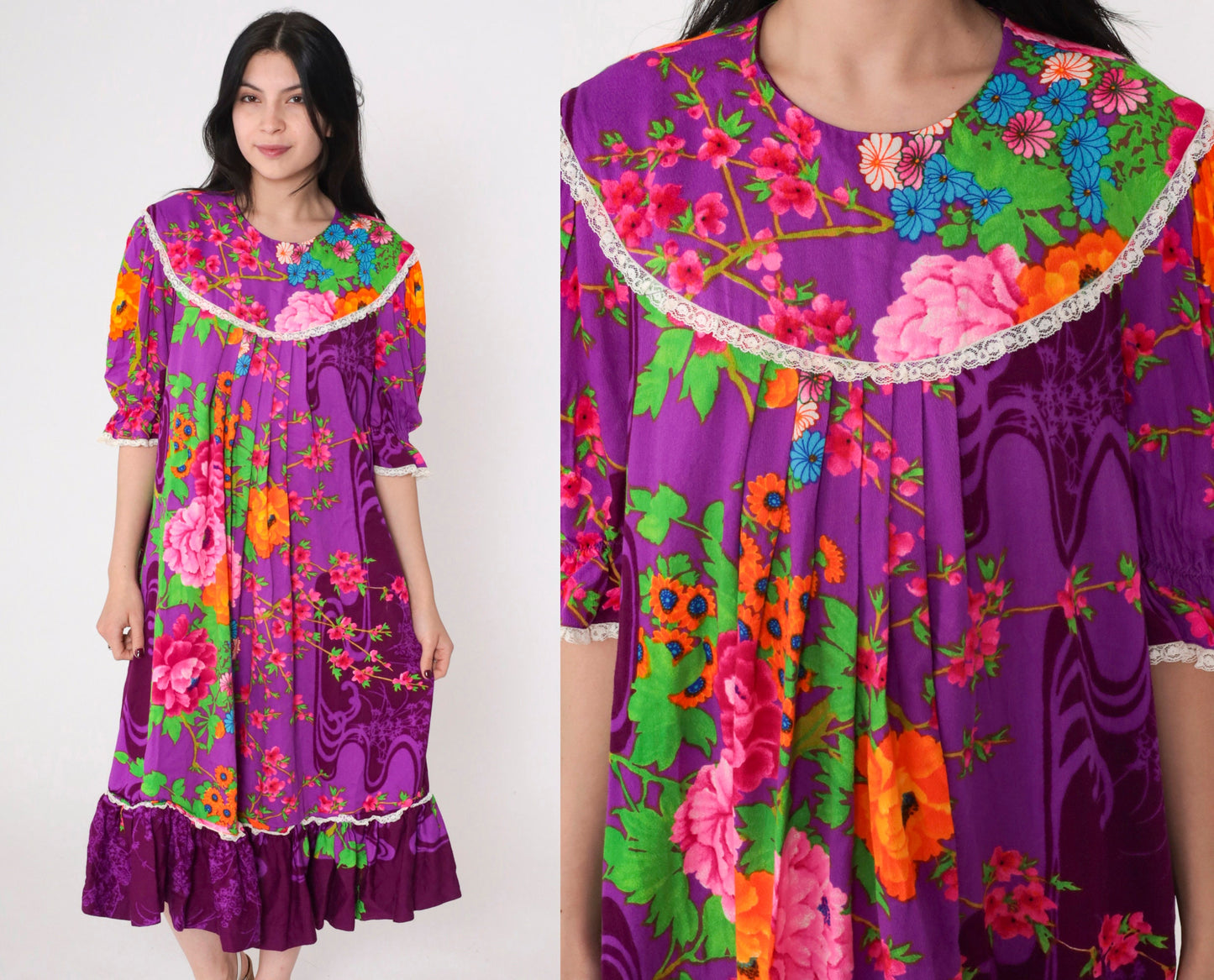70s Purple Floral Midi Dress Puff Sleeve Tent Cut Lace Bib Large