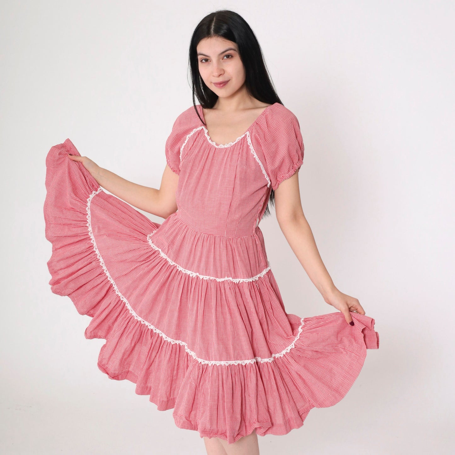 60s Red Gingham Prairie Dress Puff Sleeve Tiered Skirt High Waisted Small