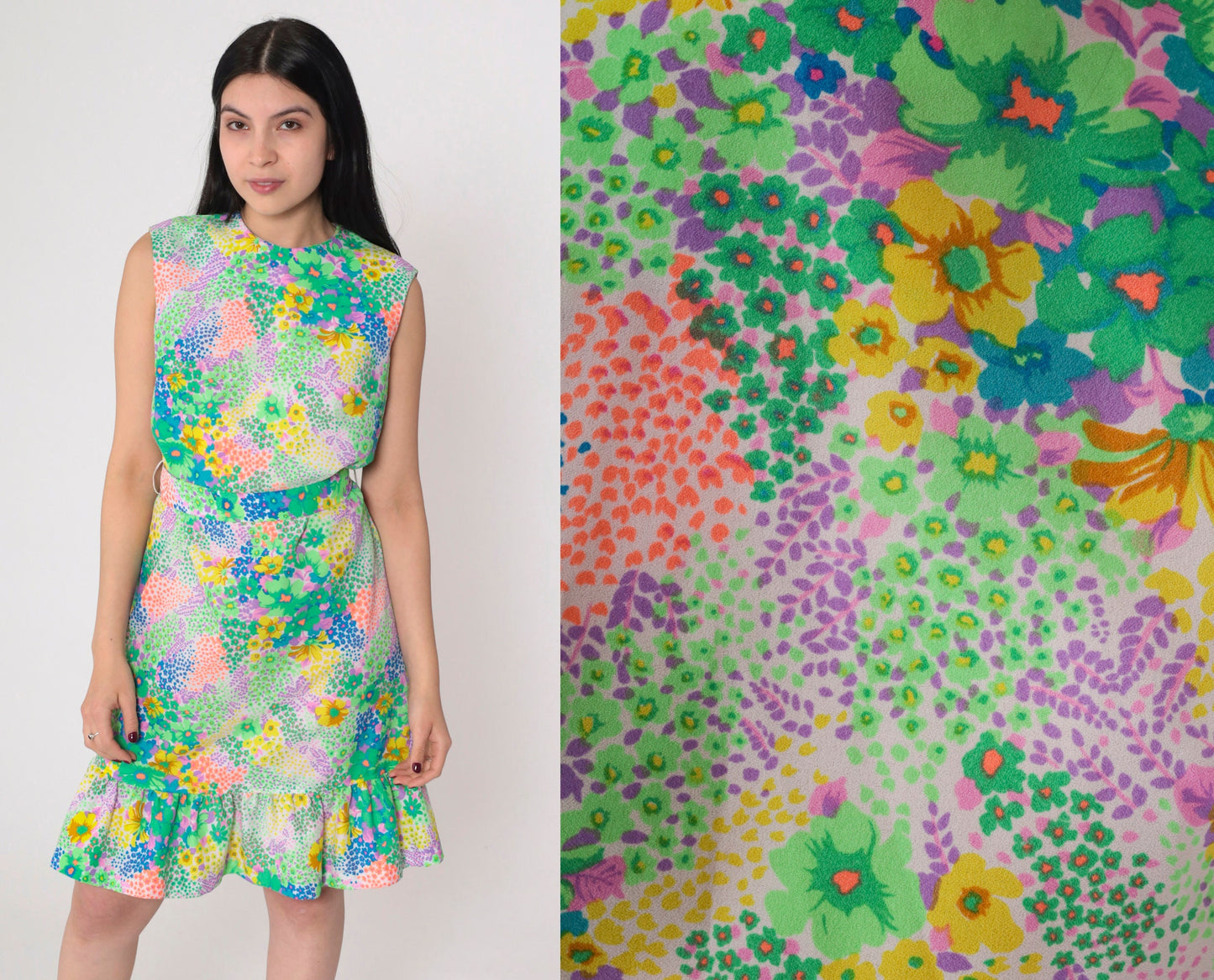 70s Liberty Circle Floral Mini Dress Sleeveless High Waist Small