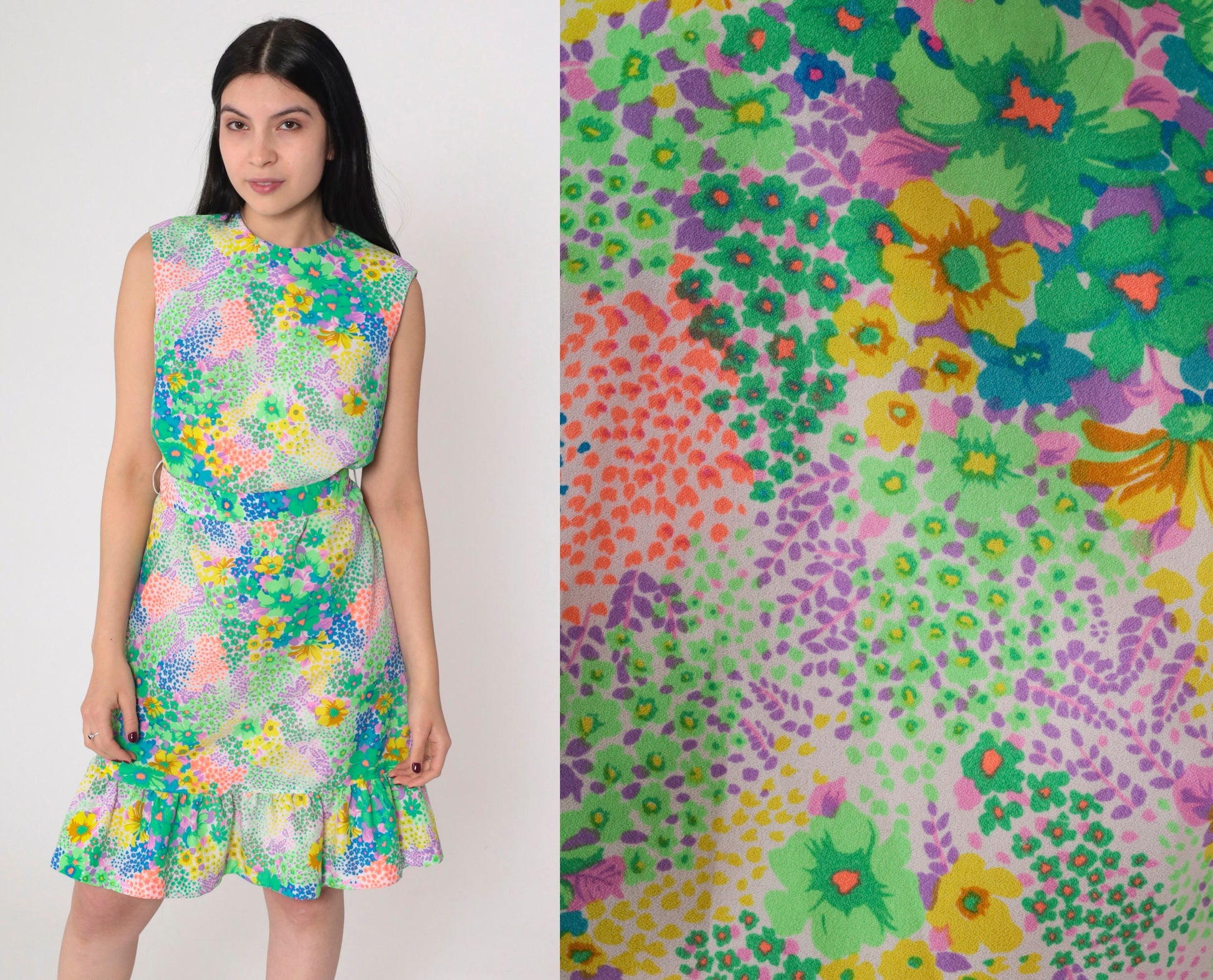 70s Liberty Circle Floral Mini Dress Sleeveless High Waist Small