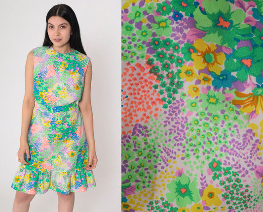 70s Liberty Circle Floral Mini Dress Sleeveless High Waist Small