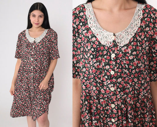 90s Kathie Lee Floral Mini Dress Lace Collar Button-Up Short Sleeve Medium