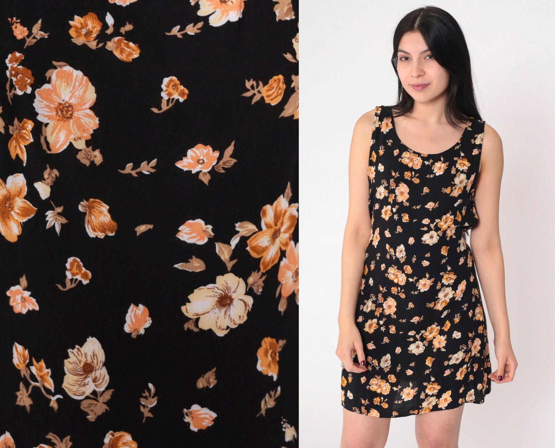 90s Black Floral Mini Dress Sleeveless Tie-Back Sundress Small S