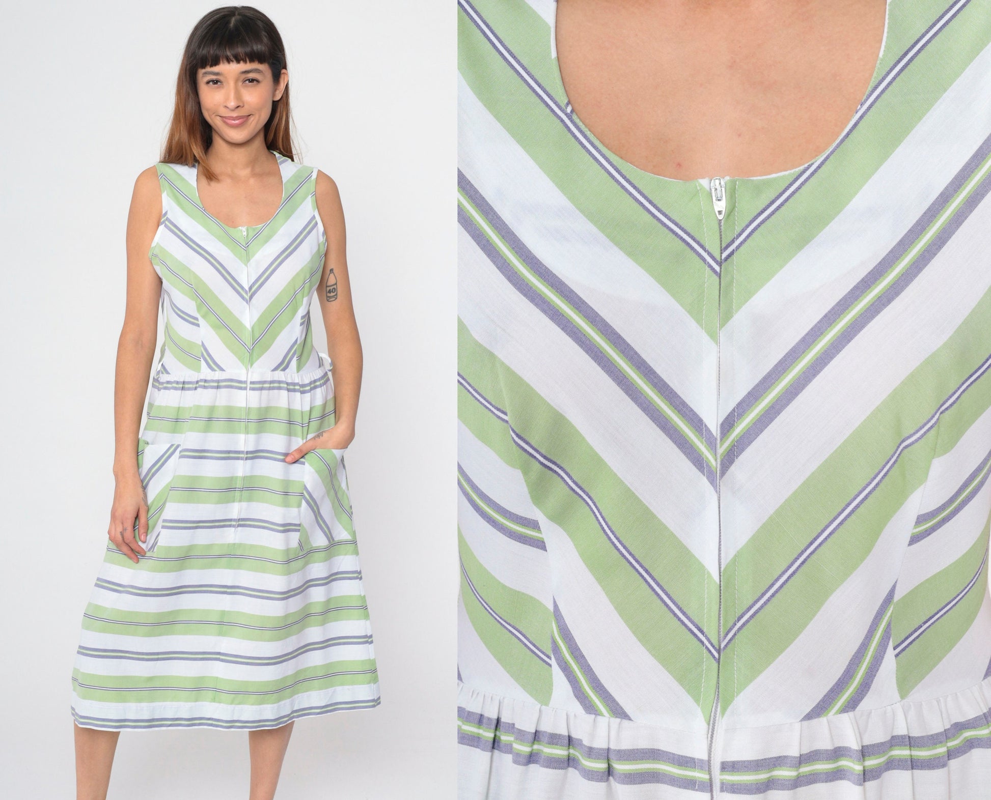 70s Mod Shift Dress Green White Chevron Striped Midi Front Zip Small Medium