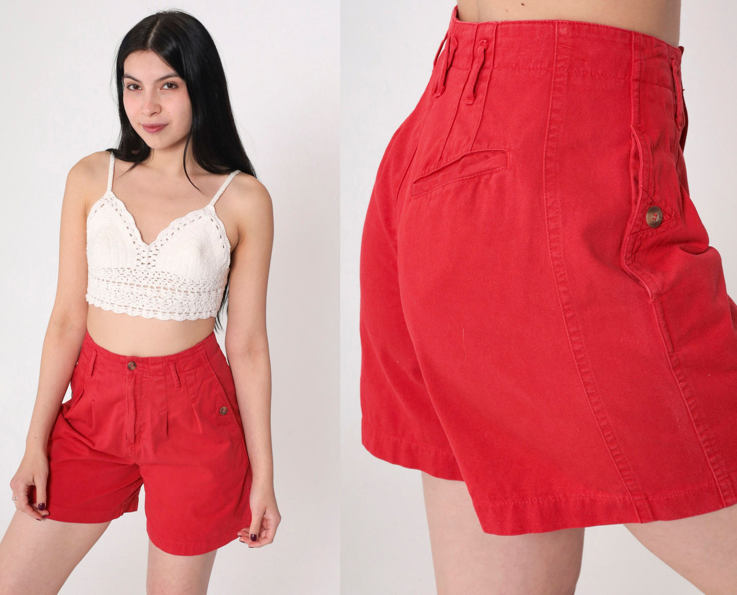 90s Red Pleated High-Waist Shorts Cotton Small