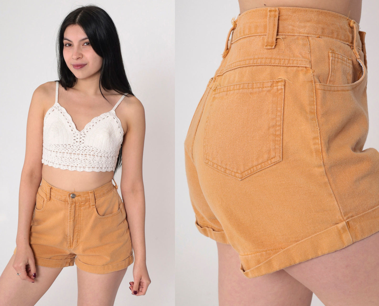 90s Tan Denim Shorts High Waist Cuffed Cotton Jean Shorts Small S