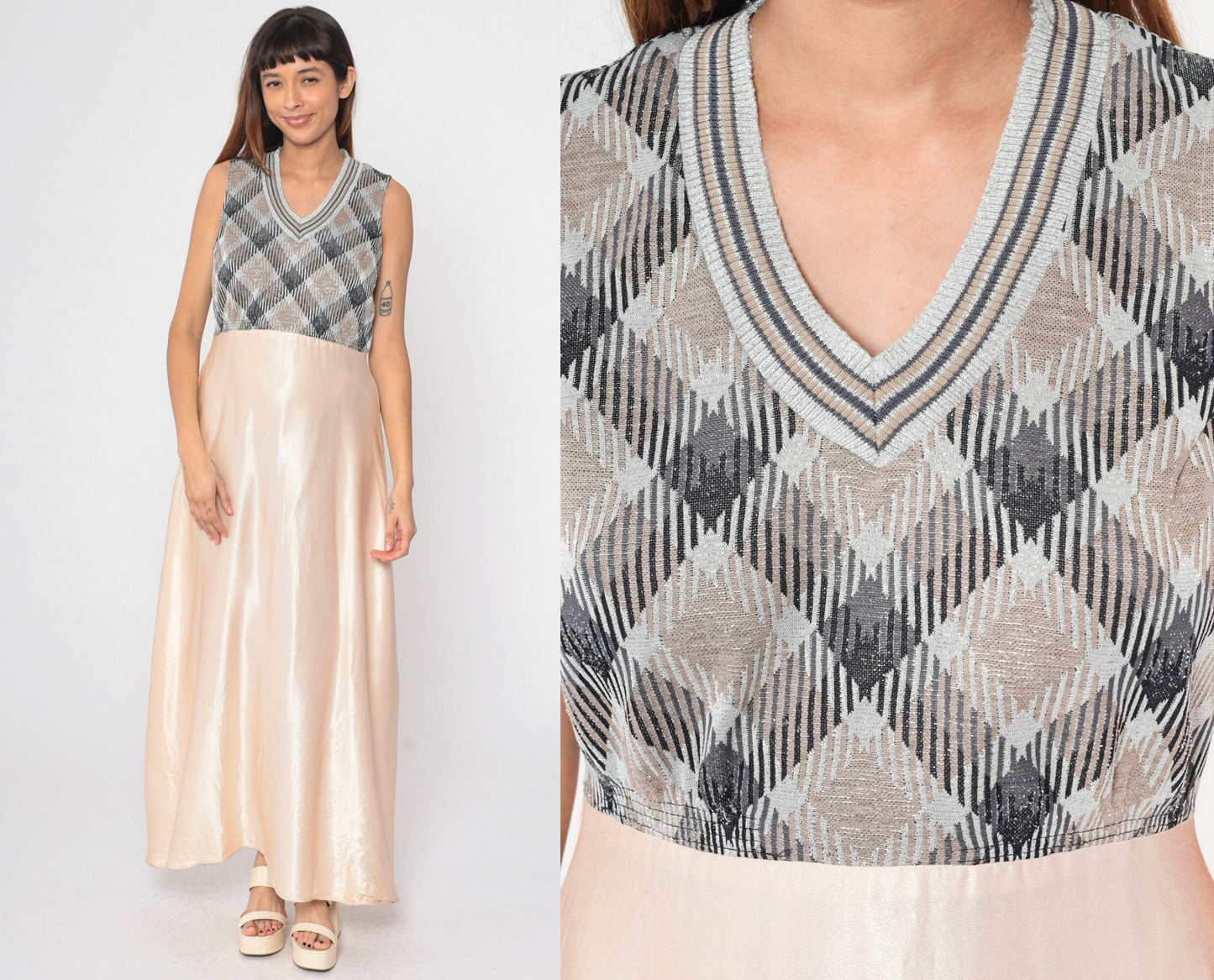 70s Metallic Checkered Maxi Dress Silver Champagne V Neck Sleeveless Medium