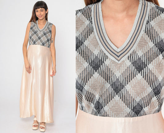 70s Metallic Checkered Maxi Dress Silver Champagne V Neck Sleeveless Medium