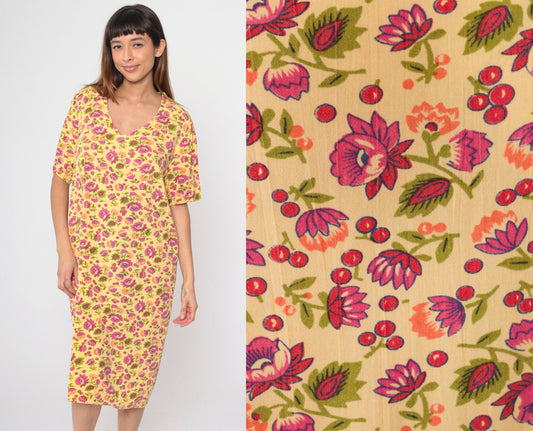 70s Yellow Floral Shift Dress Berry Print Collar V-Neck Knee Length Medium Large
