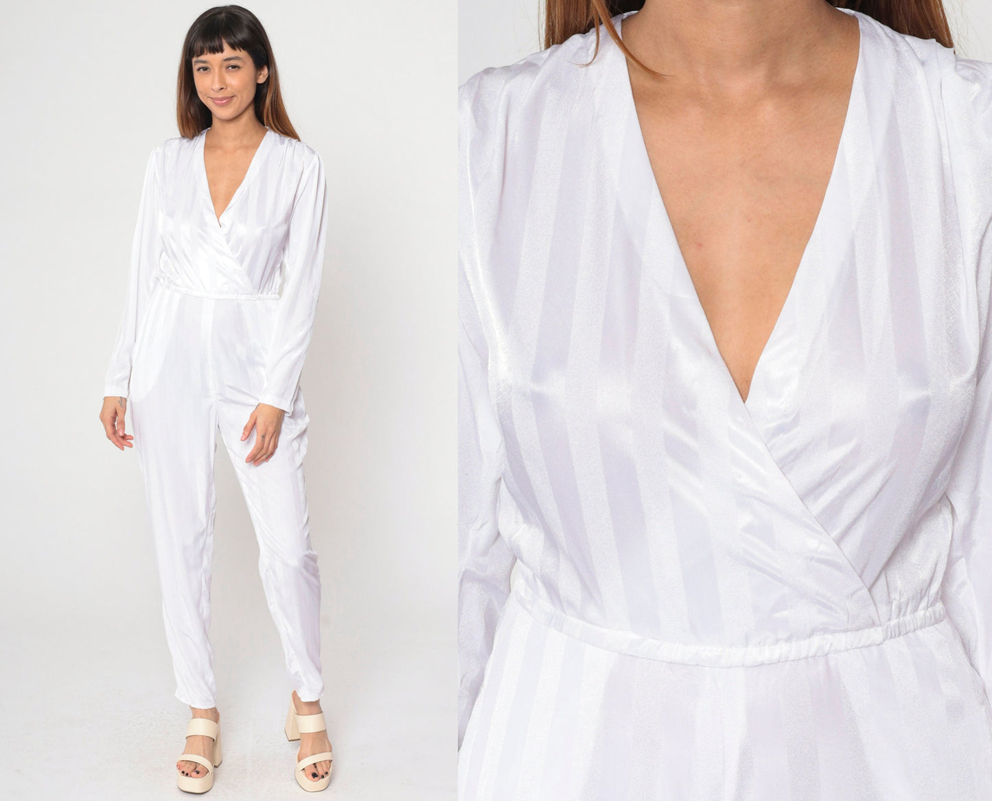 80s White Striped Puff Sleeve Jumpsuit V Neck Tapered Pantsuit Small S