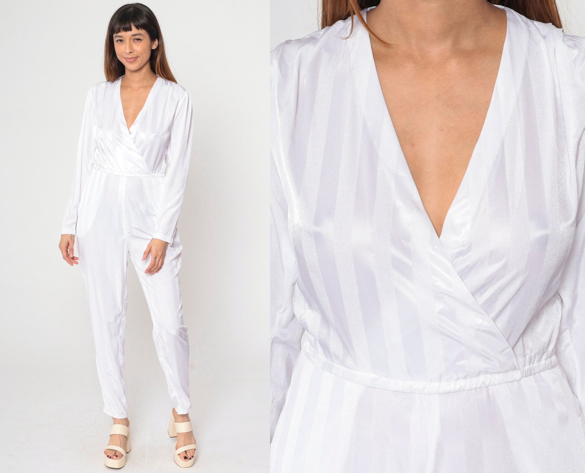 80s White Striped Puff Sleeve Jumpsuit V Neck Tapered Pantsuit Small S