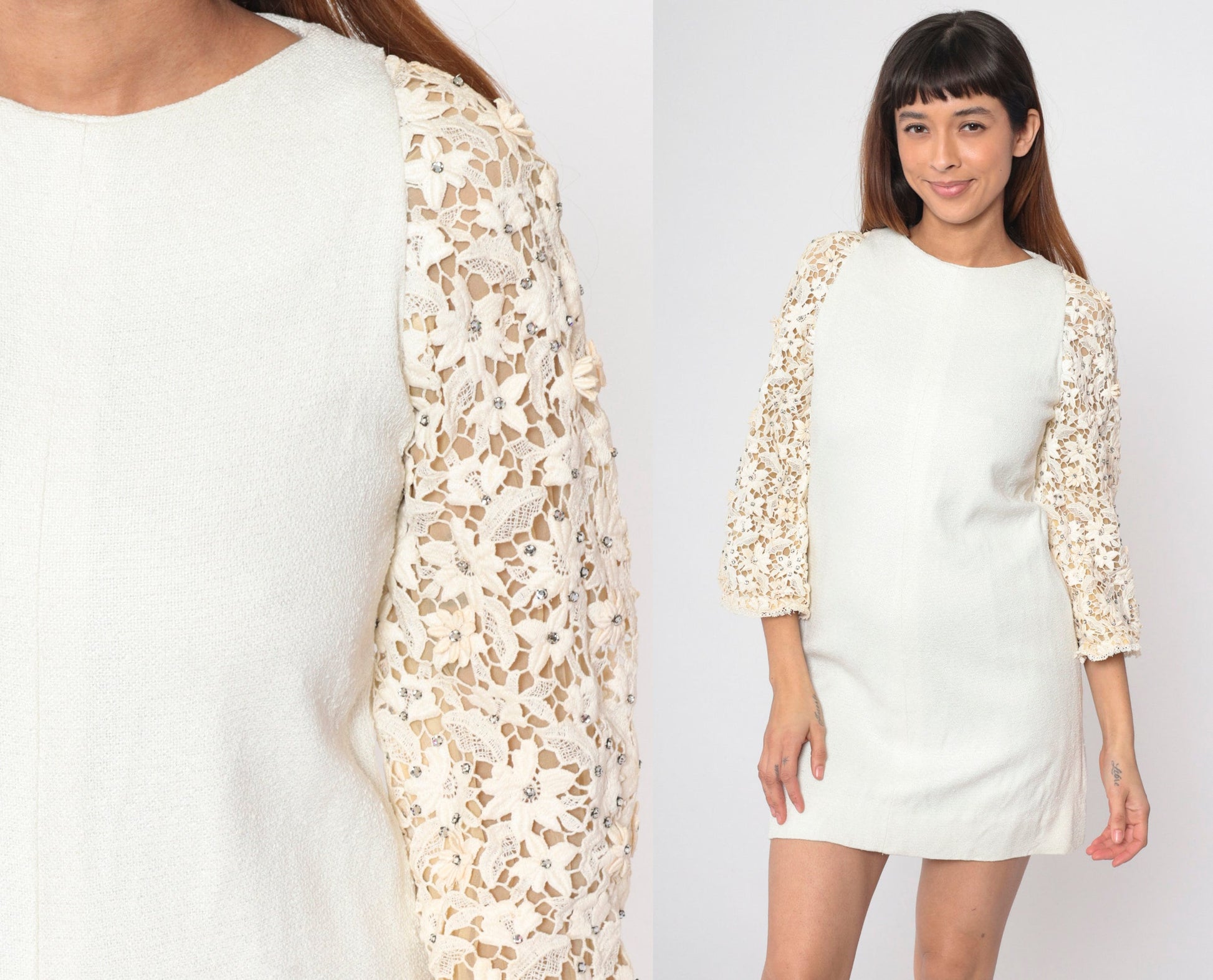 60s White Lace Mini Dress Rhinestone 3/4 Sleeve Shift Mod Small